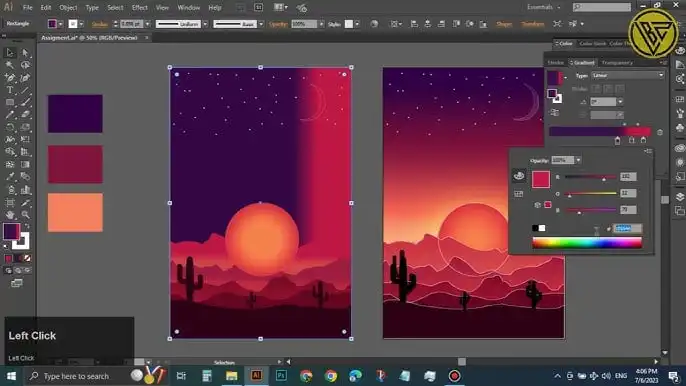 hq720 13 Illustrator workspace shows digital landscape art with a desert sunset, cacti, and a starry sky in vibrant gradient colors. | Sky Rye Design Illustrator workspace shows digital landscape art with a desert sunset, cacti, and a starry sky in vibrant gradient colors.