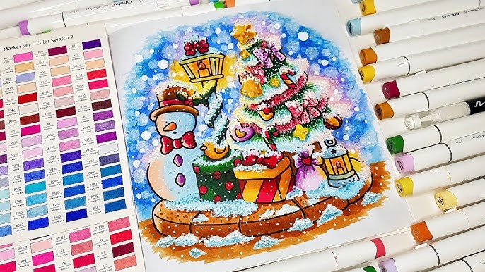 hq720-2 Colorful Christmas drawing with a snowman, decorated tree, and gifts, surrounded by marker pens and a color swatch chart. | Sky Rye Design Colorful Christmas drawing with a snowman, decorated tree, and gifts, surrounded by marker pens and a color swatch chart.