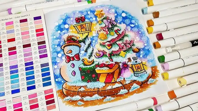 hq720-2 Colorful Christmas drawing with a snowman, decorated tree, and gifts, surrounded by marker pens and a color swatch chart. | Sky Rye Design Colorful Christmas drawing with a snowman, decorated tree, and gifts, surrounded by marker pens and a color swatch chart.