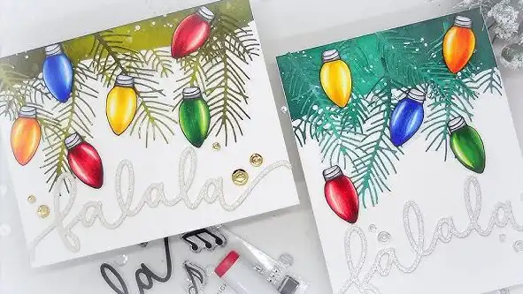 hq720-3 Festive holiday cards with colorful Christmas lights and falala text, featuring green pine branches and decorative elements. | Sky Rye Design Festive holiday cards with colorful Christmas lights and falala text, featuring green pine branches and decorative elements.