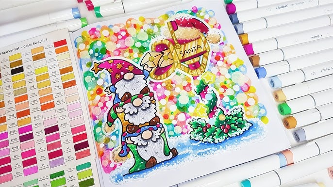 hq720 Colorful Christmas coloring page with cute gnomes, Santa's mailbox, and surrounded by vibrant markers and a color swatch sheet. | Sky Rye Design Colorful Christmas coloring page with cute gnomes, Santa's mailbox, and surrounded by vibrant markers and a color swatch sheet.