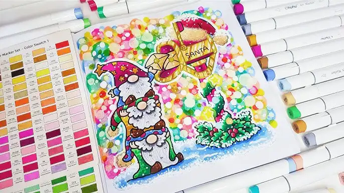 hq720 Colorful Christmas coloring page with cute gnomes, Santa's mailbox, and surrounded by vibrant markers and a color swatch sheet. | Sky Rye Design Colorful Christmas coloring page with cute gnomes, Santa's mailbox, and surrounded by vibrant markers and a color swatch sheet.