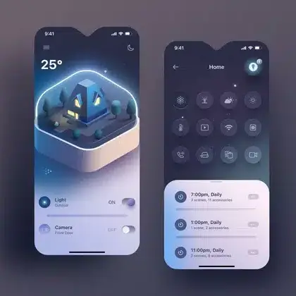 Futuristic home automation mobile app interface showcasing smart home controls, temperature settings, and sleek design on multiple screens.