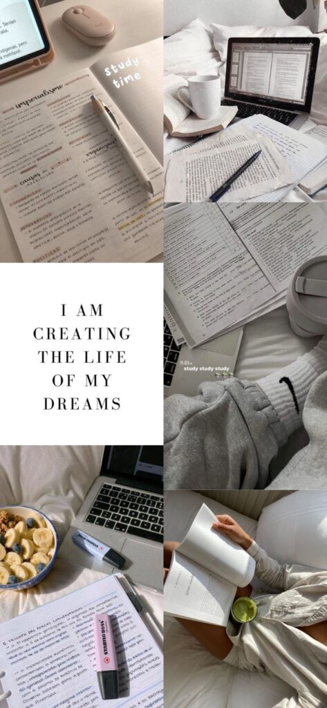 iPhone wallpaper Cozy study setup with laptop, notes, and coffee on bed. Inspirational quote: I am creating the life of my dreams. | Sky Rye Design Cozy study setup with laptop, notes, and coffee on bed. Inspirational quote: I am creating the life of my dreams.