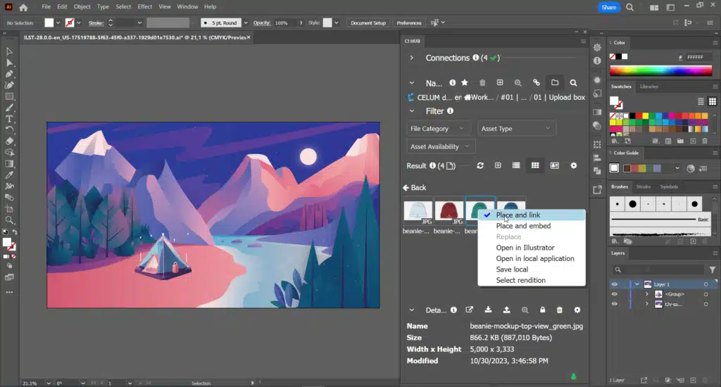 illustrator1 Illustrator workspace showing a vibrant landscape design with mountains, a tent by a river, and a starry sky in a digital art project. | Sky Rye Design Creating vector illustrations