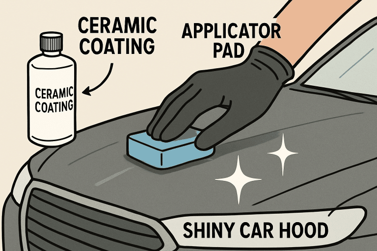 image Applying ceramic coating to a shiny car hood with an applicator pad for enhanced paint protection and gloss finish. | Sky Rye Design Applying ceramic coating to a shiny car hood with an applicator pad for enhanced paint protection and gloss finish.