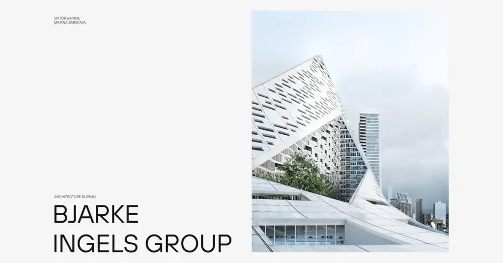 Modern architectural design of a building by Bjarke Ingels Group with geometric patterns, featuring urban skyline in the