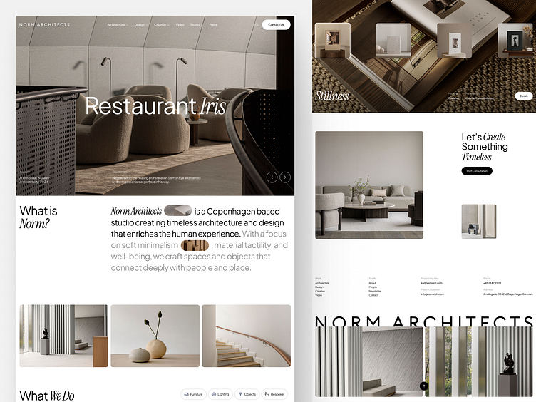 Norm Architects website showcasing minimalist design concepts, featuring interiors like Restaurant Iris, with a focus on