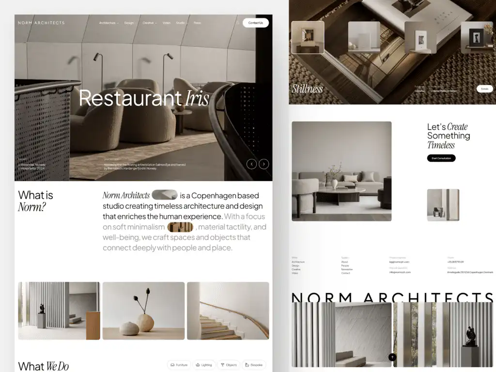 Modern website design for Norm Architects showcasing minimalist architecture and design with a focus on luxury interiors and