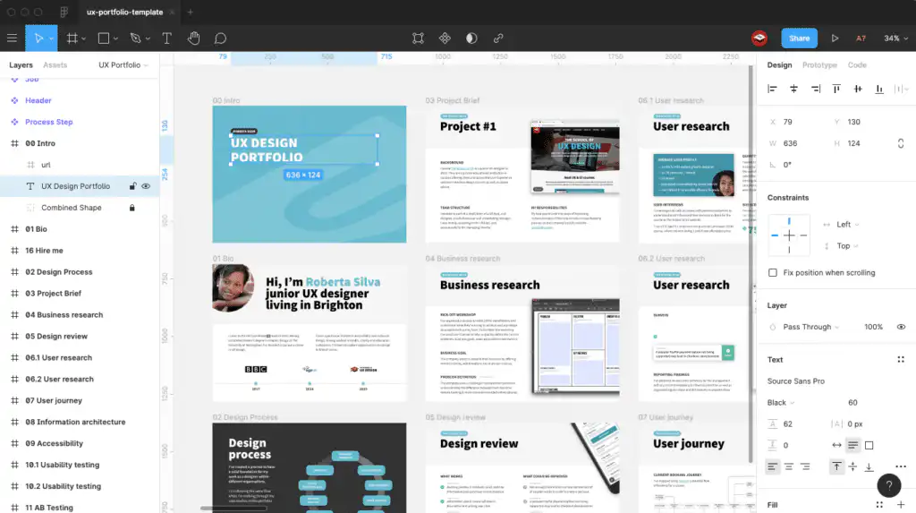 UX design portfolio template displayed in design software, showing project briefs, user research, and design processes for a