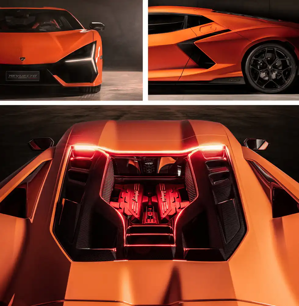 Orange sports car showcasing its sleek front, side profile, and illuminated engine in a dimly lit setting for a dramatic