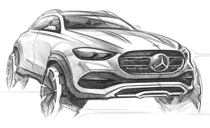 Sketch of a futuristic SUV with sleek design and prominent grille, showcasing conceptual automotive design elements.