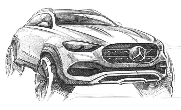 Sketch of a futuristic SUV with sleek design and prominent grille, showcasing conceptual automotive design elements.
