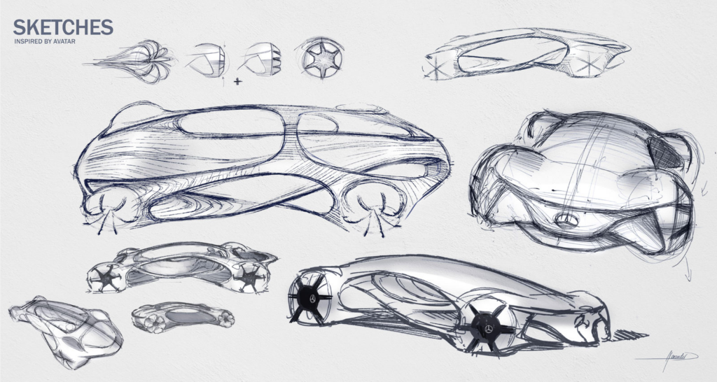 Concept car sketches inspired by Avatar. Features futuristic designs with aerodynamic shapes and unique wheel configurations.