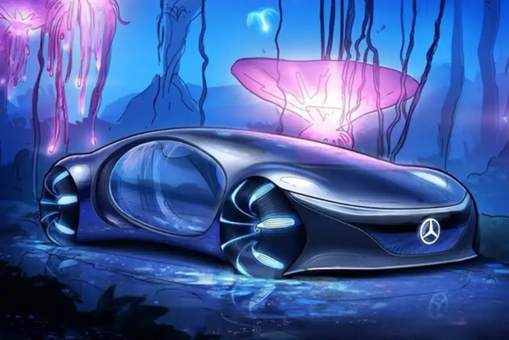 Futuristic Mercedes-Benz concept car in a neon-lit, alien-like landscape, showcasing advanced design and innovative