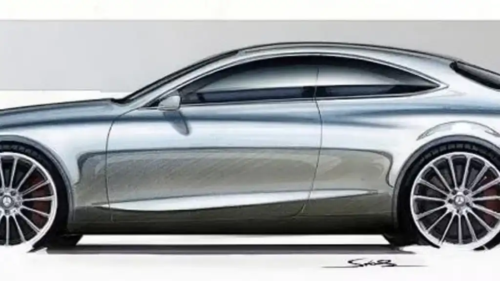 Side profile sketch of a sleek, modern luxury coupe with large alloy wheels and aerodynamic design, highlighting Mercedes Drawing