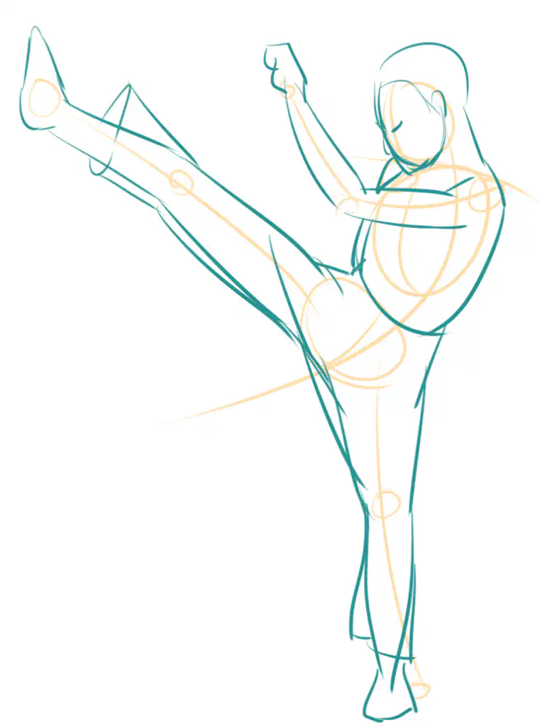 Sketch of a person performing a high karate kick, showing dynamic motion and balance in martial arts practice.