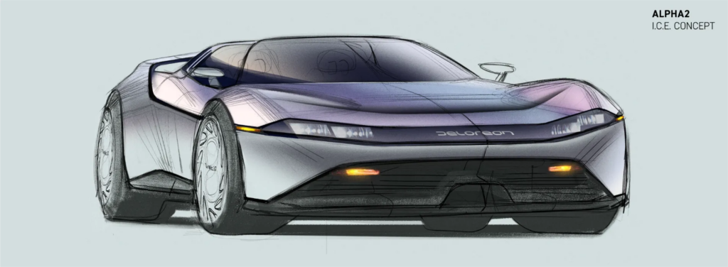 Concept sketch of a sleek, futuristic sports car, front view, showcasing aerodynamic design and modern aesthetics.