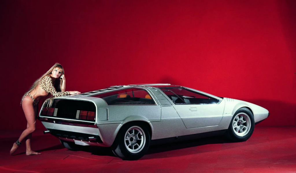 Vintage sports car with a leopard-print bikini model leaning on it, set against a bold red background for a classic, stylish look.