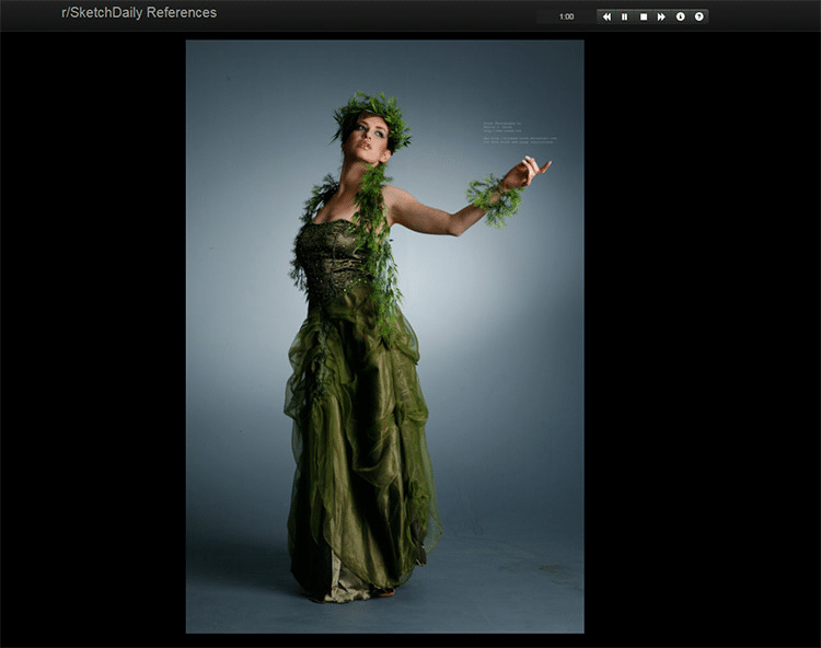 image Elegant woman wearing a green leaf-themed gown and headpiece, gracefully posing against a blue background, embodying nature's beauty. | Sky Rye Design Elegant woman wearing a green leaf-themed gown and headpiece, gracefully posing against a blue background, embodying nature's beauty.