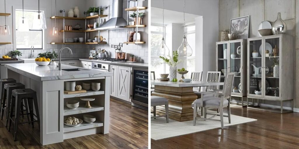 image Modern kitchen and dining area with elegant decor, marble countertops, open shelving, and wood finishes, enhancing home interiors. | Sky Rye Design Modern kitchen and dining area with elegant decor, marble countertops, open shelving, and wood finishes, enhancing home interiors.