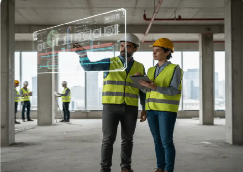 image Construction workers analyzing digital building plans on a transparent screen, wearing safety gear and helmets in a modern site. | Sky Rye Design Construction workers analyzing digital building plans on a transparent screen, wearing safety gear and helmets in a modern site.