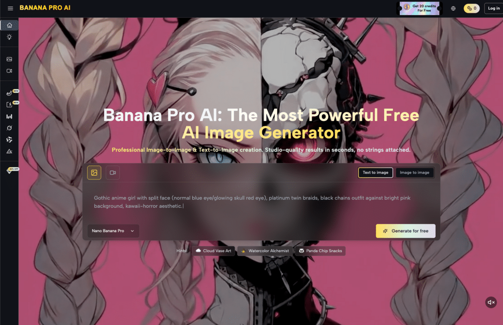 image Anime girl with split face and twin braids on a Banana Pro AI image generator site. Pink background enhances gothic-kawaii style. | Sky Rye Design Anime girl with split face and twin braids on a Banana Pro AI image generator site. Pink background enhances gothic-kawaii style.