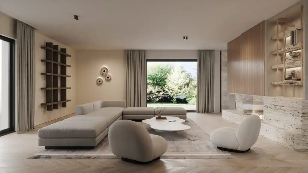 Modern living room with beige sectional sofa, round chairs, stylish decor, and large window view of lush garden. Sleek and