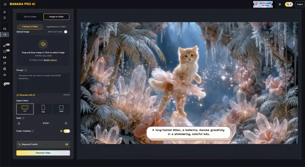 Long-haired kitten dressed as a ballerina dances gracefully in a colorful tutu amidst a magical, sparkling forest backdrop.