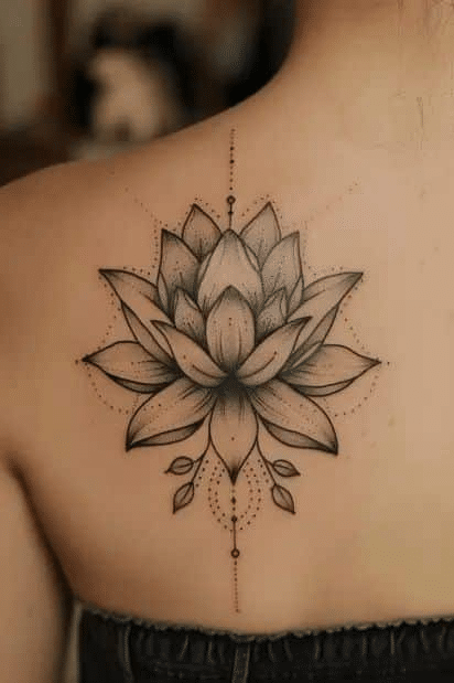 image Detailed lotus tattoo on a woman's upper back, featuring intricate linework and dot accents, symbolizing purity and beauty. | Sky Rye Design Detailed lotus tattoo on a woman's upper back, featuring intricate linework and dot accents, symbolizing purity and beauty.