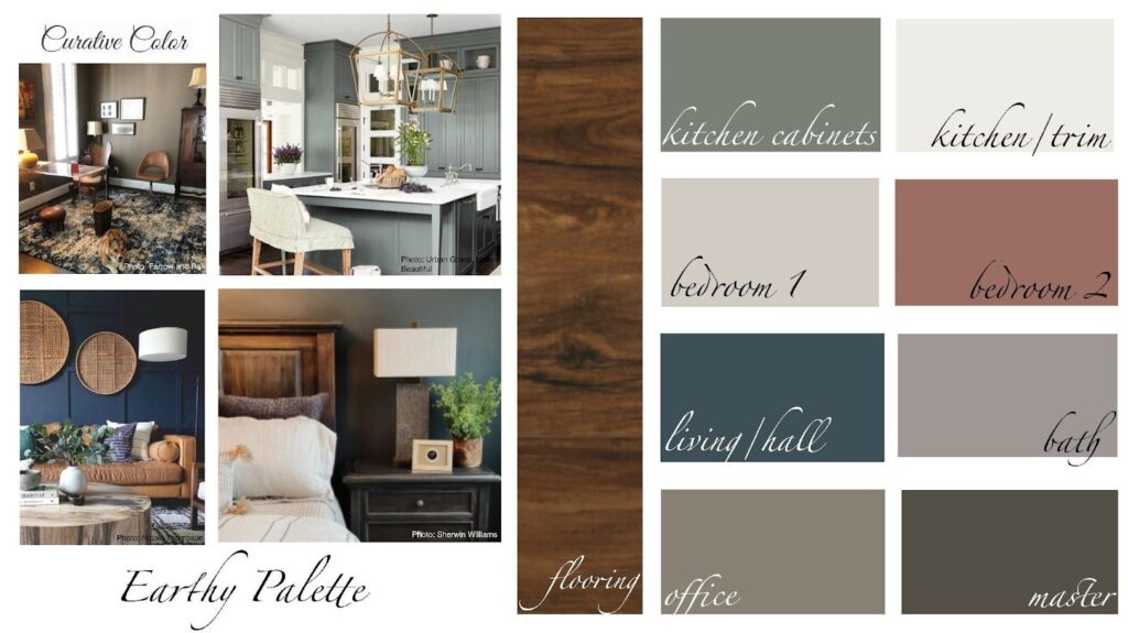 Curative color palette featuring earthy tones for interior design, including kitchen, bedroom, and office paint inspirations.