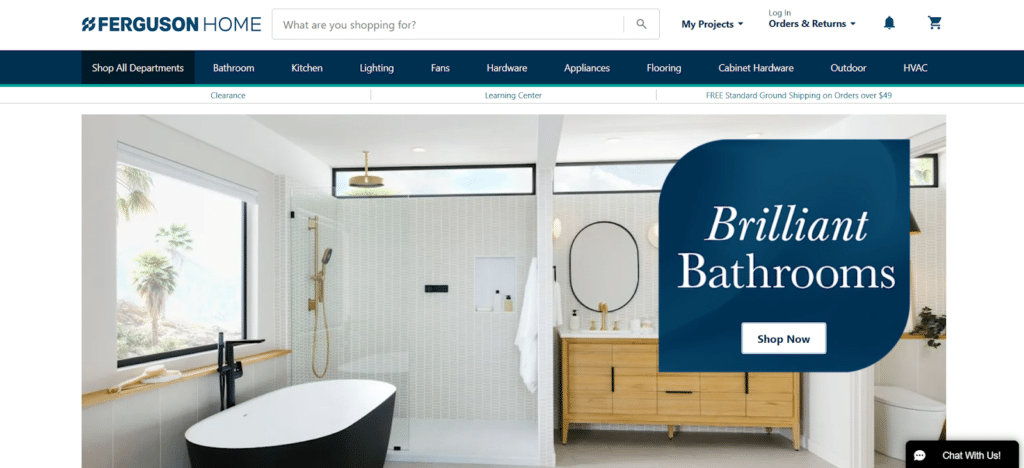 image Modern bathroom with a freestanding tub, glass shower, and wooden vanity. Brilliant Bathrooms text overlay with a shop now button. | Sky Rye Design Modern bathroom with a freestanding tub, glass shower, and wooden vanity. Brilliant Bathrooms text overlay with a shop now button.