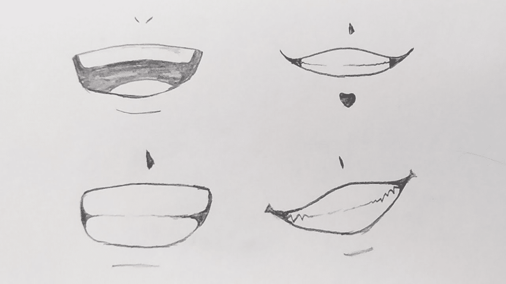 image Hand-drawn anime mouths showing various expressions, including a grin, smile, and subtle lips, sketched in simple black lines. | Sky Rye Design Hand-drawn anime mouths showing various expressions, including a grin, smile, and subtle lips, sketched in simple black lines. How to Draw Anime Lips