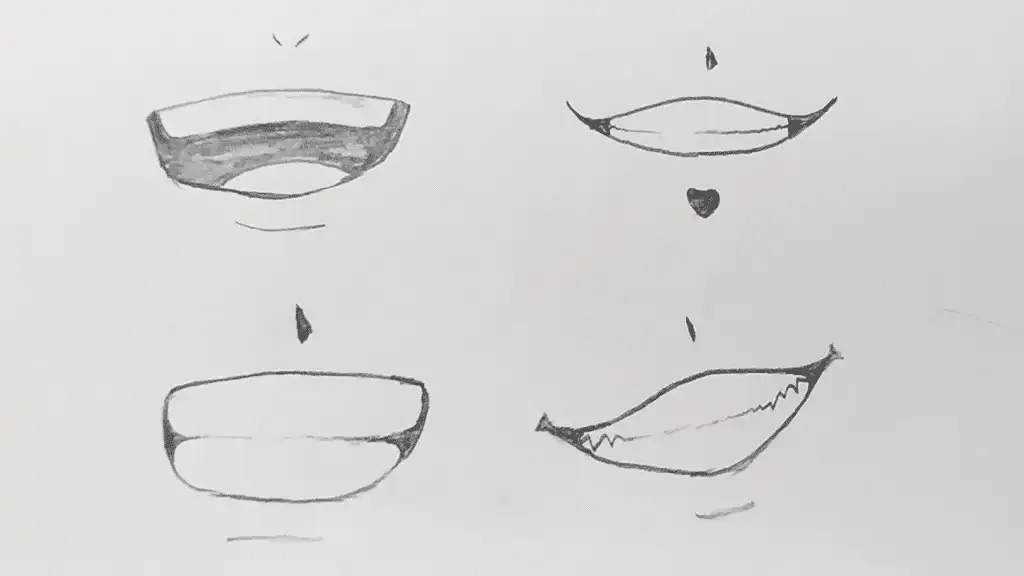 Hand-drawn anime mouths showing various expressions, including a grin, smile, and subtle lips, sketched in simple black lines. How to Draw Anime Lips