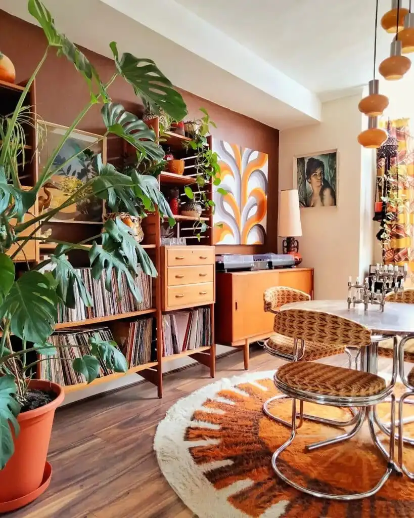 Vintage-inspired living room with retro furniture, vinyl records, and bold geometric art, featuring plants and a cozy