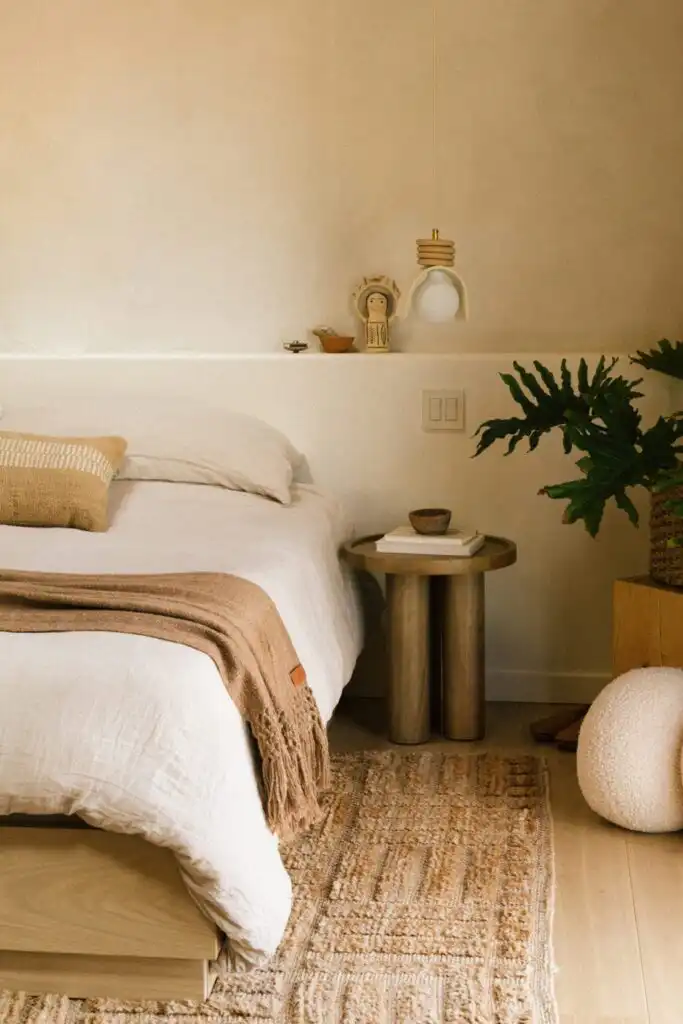 Cozy bedroom with beige tones, featuring a comfy bed, wooden side table, soft lighting, and lush potted plant for a tranquil