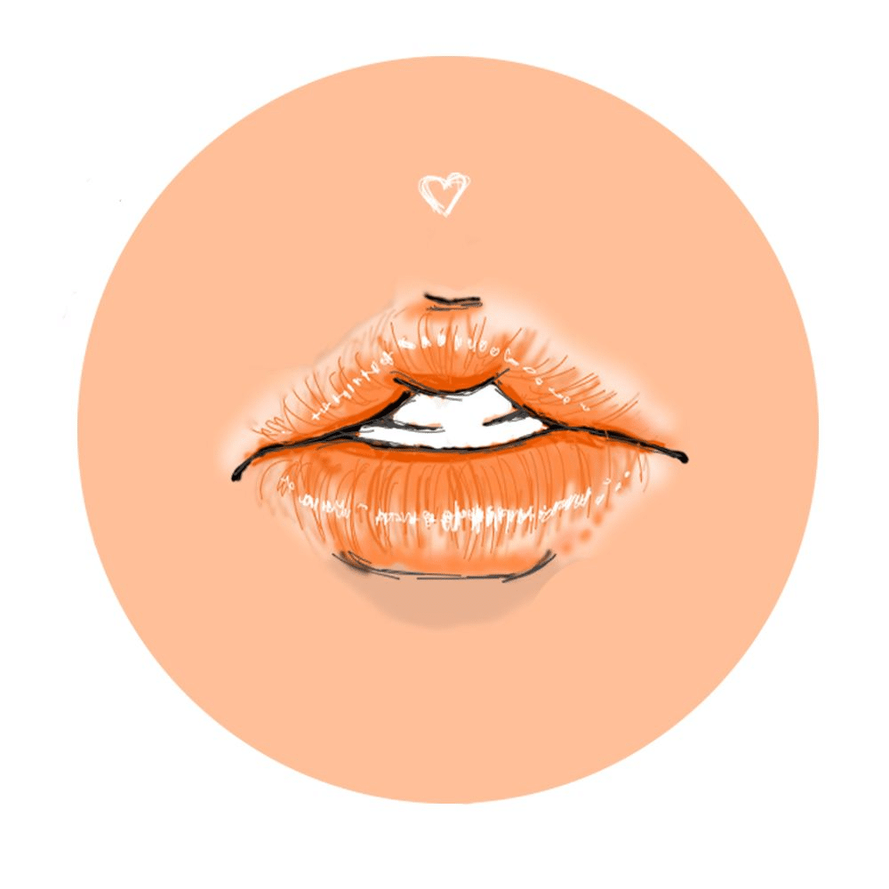 image Illustration of orange lips in a circular design with a small heart above, set against a peach background. | Sky Rye Design Illustration of orange lips in a circular design with a small heart above, set against a peach background.