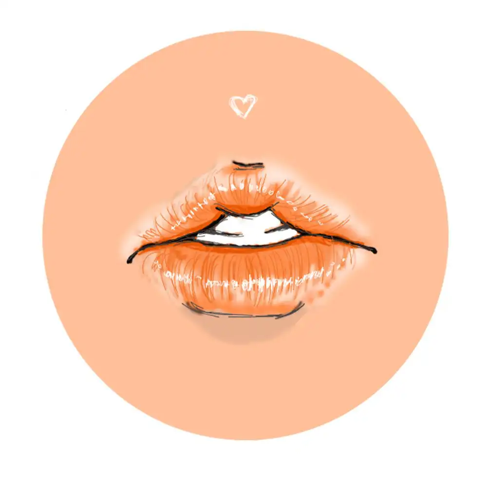 Illustration of orange lips in a circular design with a small heart above, set against a peach background.