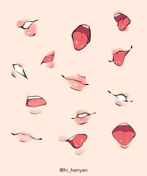 Illustrated mouths showing various expressions on a soft pink background, featuring open and closed lips with different emotions.
