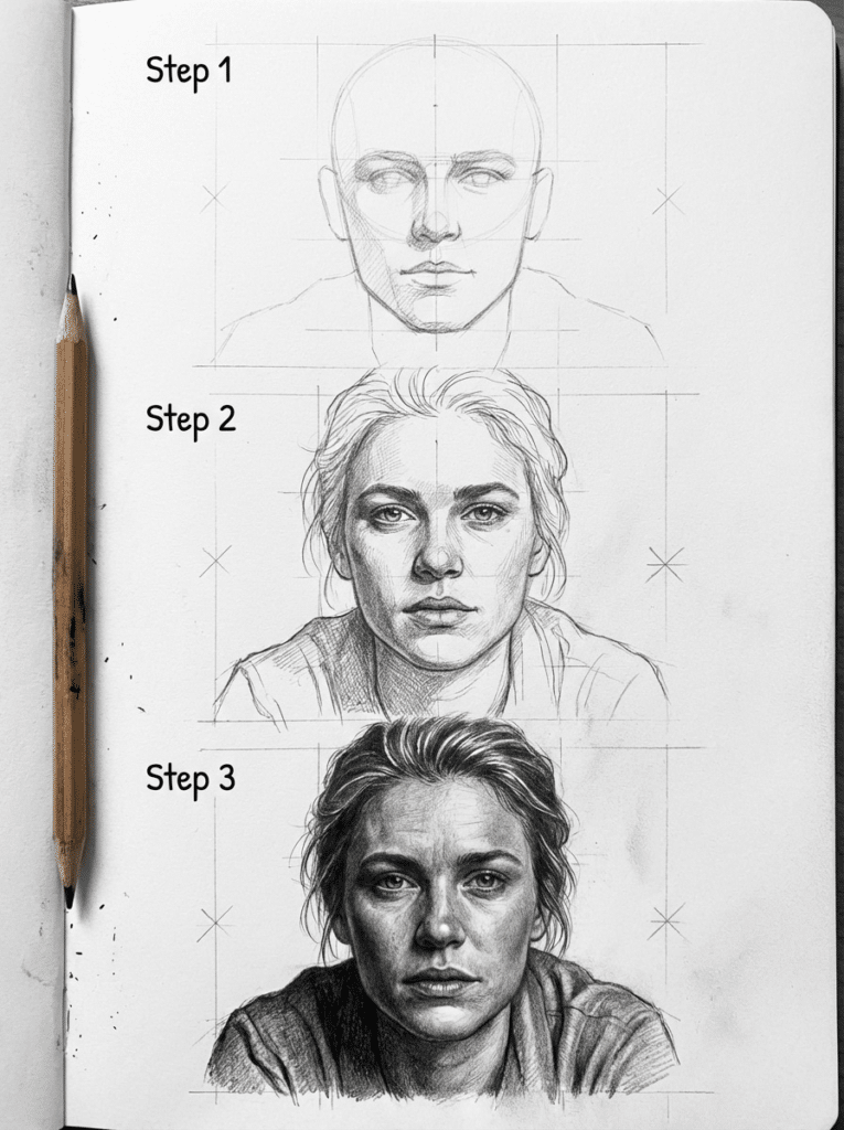 Three-step pencil drawing of a woman's face, showing progression from basic shapes to detailed realism, with a pencil on the side.