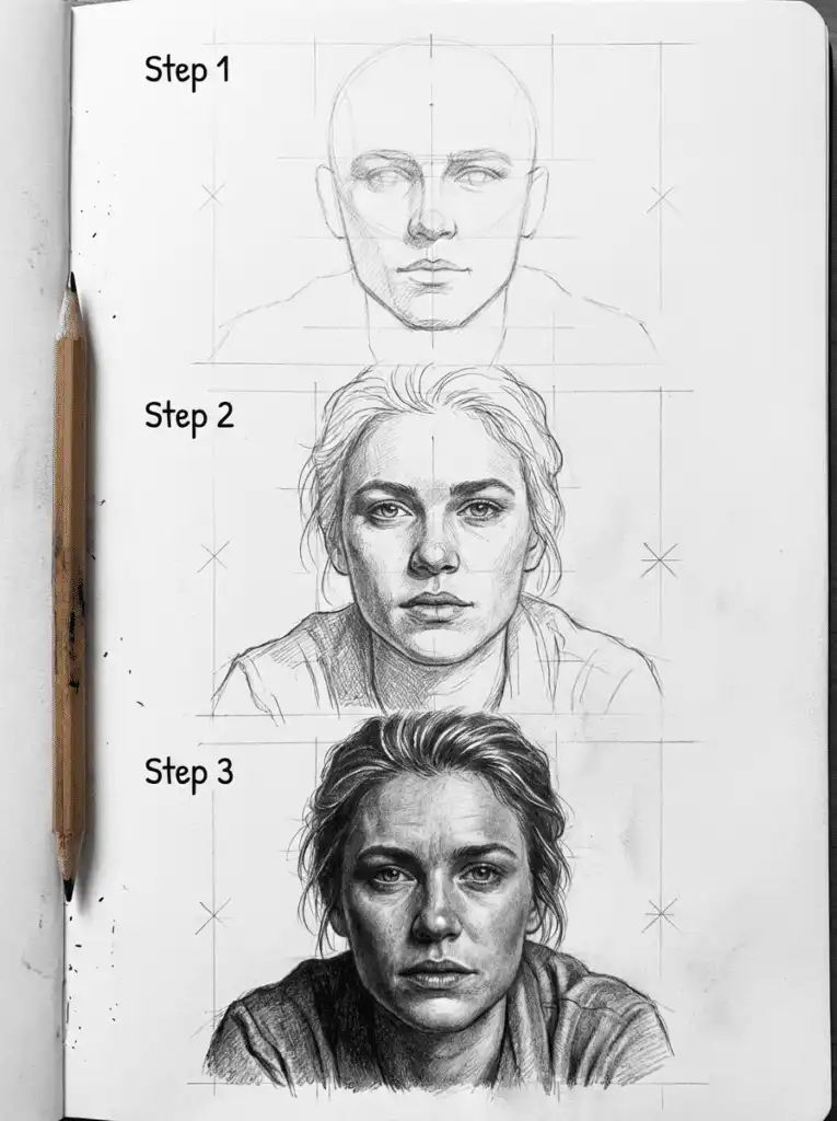 Three-step pencil drawing of a woman's face, showing progression from basic shapes to detailed realism, with a pencil on the side.