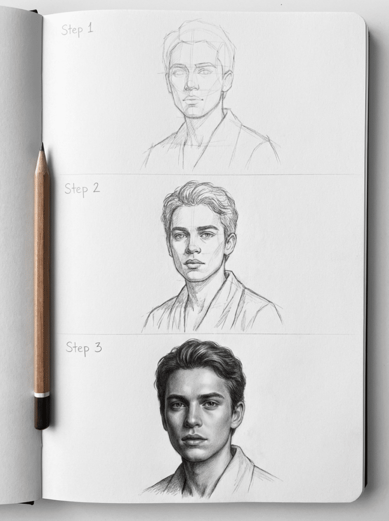 Drawing tutorial showing three steps of sketching a male portrait, from rough outline to detailed and realistic finish.