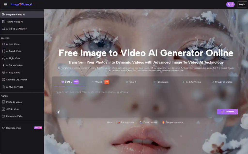 Free Image to Video AI Generator Online interface for transforming photos into dynamic videos with various effects and tools.