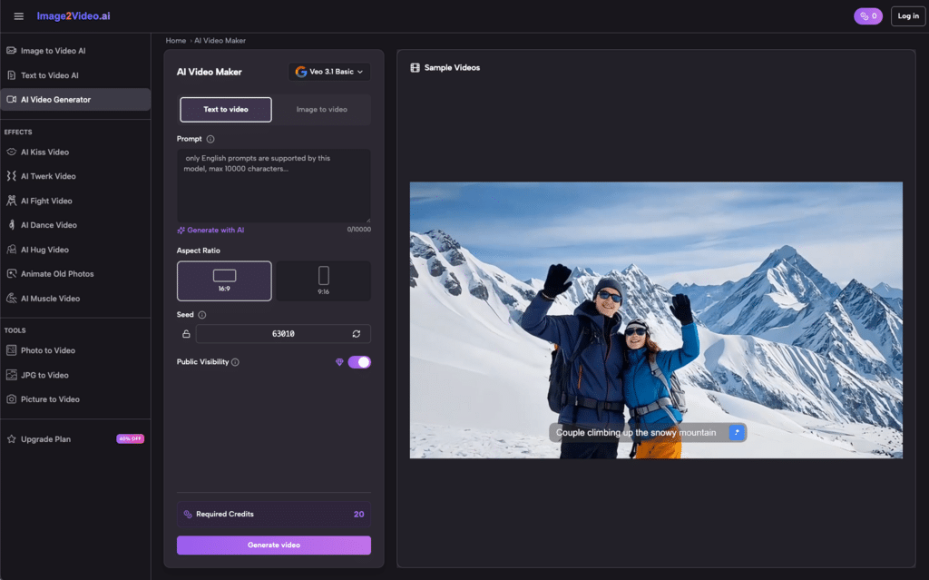 image Couple enjoying a snowy mountain hike in winter gear, captured in an AI video generator setup on a dark-themed interface. | Sky Rye Design Couple enjoying a snowy mountain hike in winter gear, captured in an AI video generator setup on a dark-themed interface.