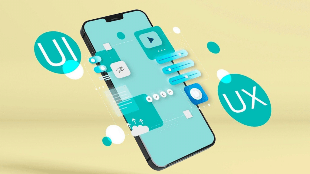 image Illustration of a smartphone displaying UI/UX elements, symbolizing design concepts. Blue-green theme on a yellow background. | Sky Rye Design Illustration of a smartphone displaying UI/UX elements, symbolizing design concepts. Blue-green theme on a yellow background.