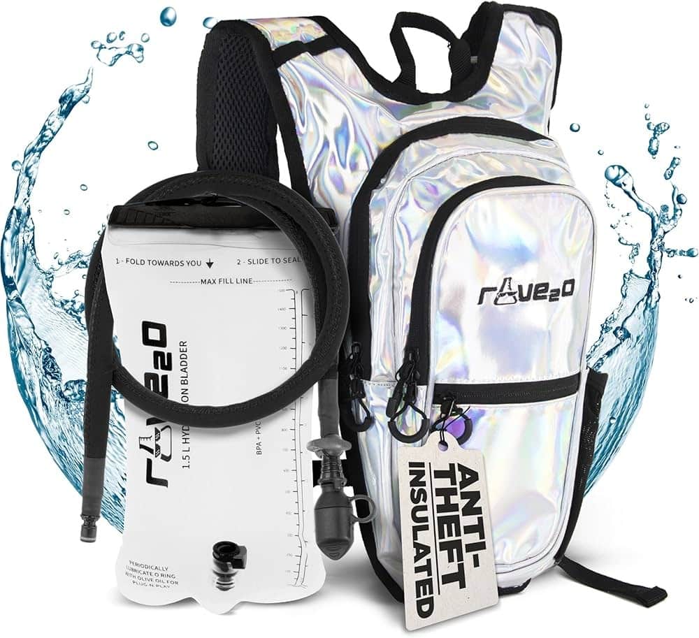 image Reflective hydration backpack with anti-theft features and 1.5L bladder, designed for outdoor activities. Water splash in | Sky Rye Design Reflective hydration backpack with anti-theft features and 1.5L bladder, designed for outdoor activities. Water splash in