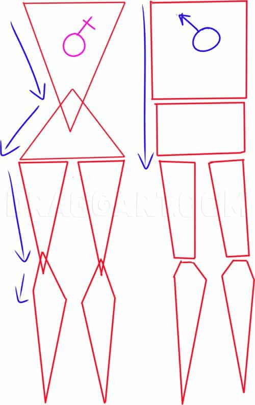 image Abstract geometric figures with gender symbols and arrows, showcasing differences in shape design. Red outlines with purple and blue elements. | Sky Rye Design Abstract geometric figures with gender symbols and arrows, showcasing differences in shape design. Red outlines with purple and blue elements.