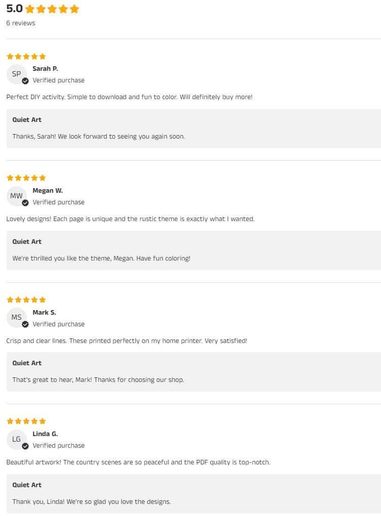 Customer reviews for Quiet Art digital designs, highlighting DIY fun, unique rustic themes, and high-quality PDFs, rated 5