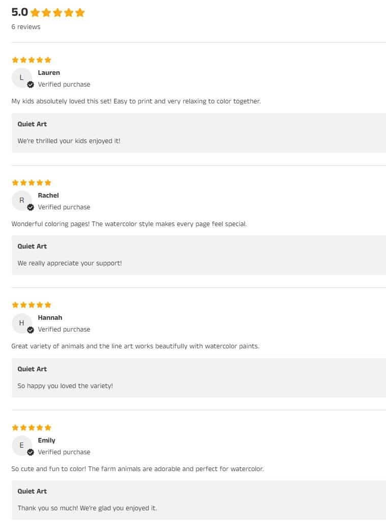 Customer reviews for a watercolor coloring set, praising its ease of use, variety, and suitability for kids and watercolor