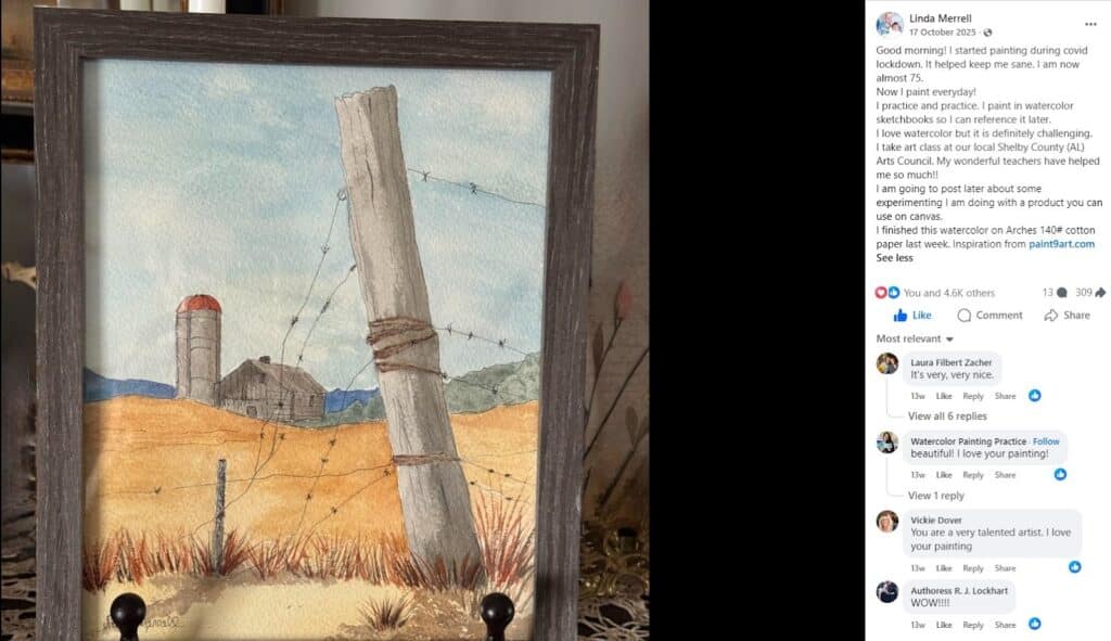 Watercolor painting of a rustic farm with barn and silo, featuring barbed wire fence post, set in a serene landscape with